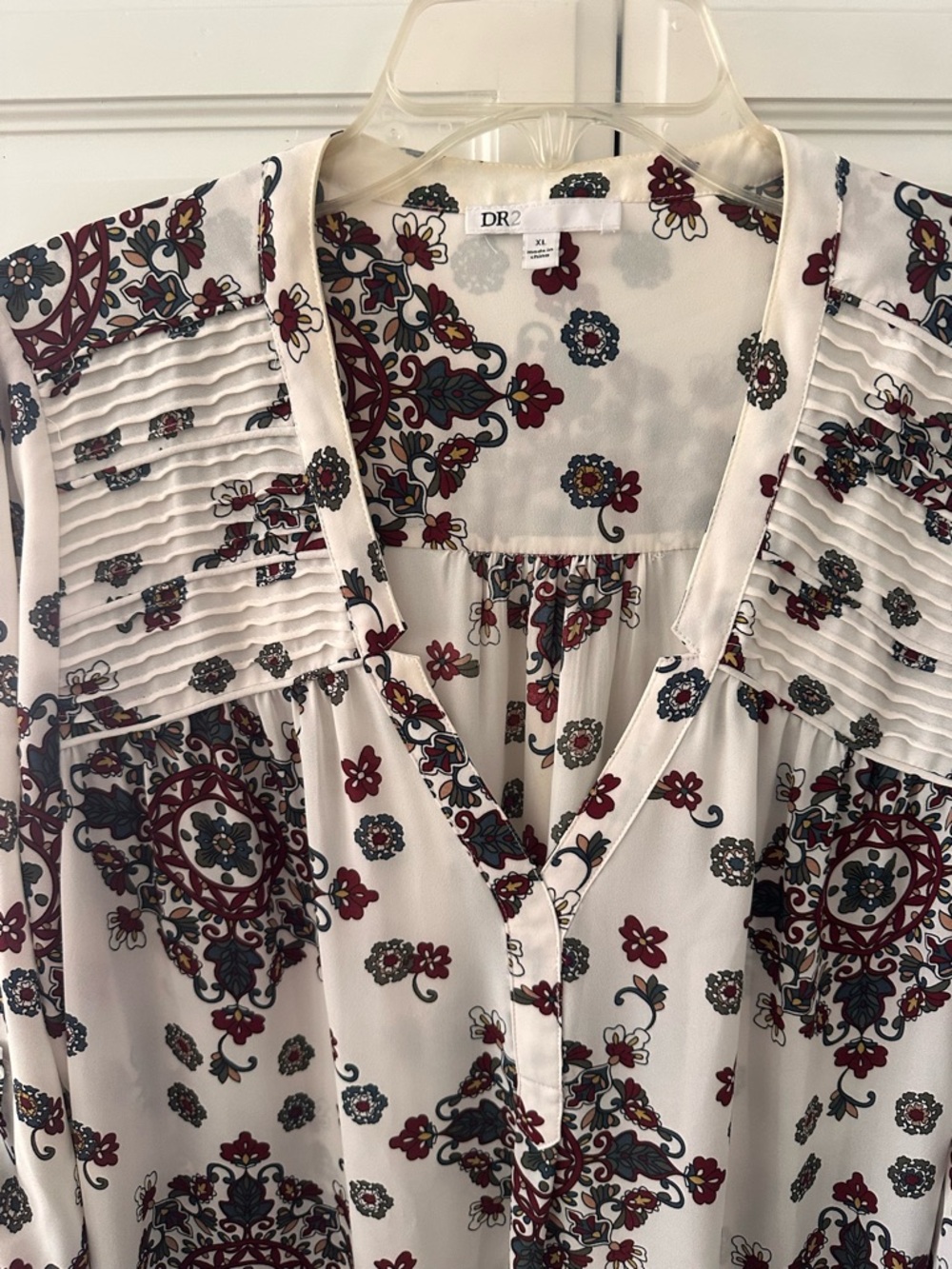 DR2 White Blouse with Burgundy and Black Medallion Print - Picture 2 of 5